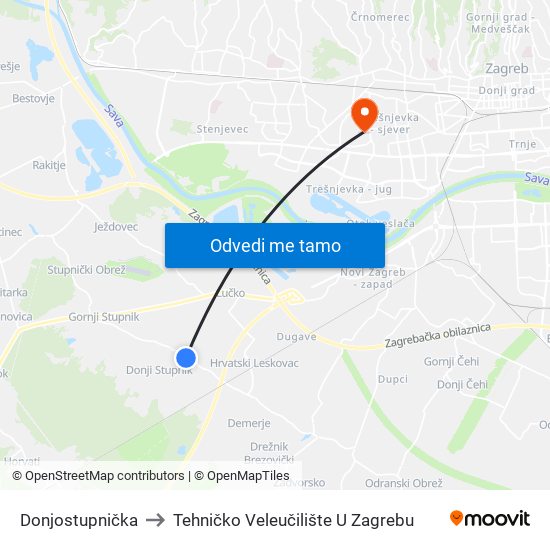 Donjostupnička to Tehničko Veleučilište U Zagrebu map