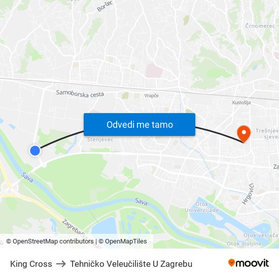 King Cross to Tehničko Veleučilište U Zagrebu map