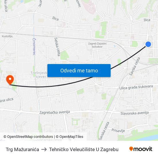 Trg Mažuranića to Tehničko Veleučilište U Zagrebu map