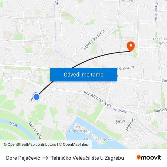 Dore Pejačević to Tehničko Veleučilište U Zagrebu map