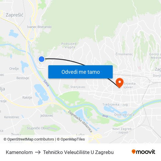 Kamenolom to Tehničko Veleučilište U Zagrebu map