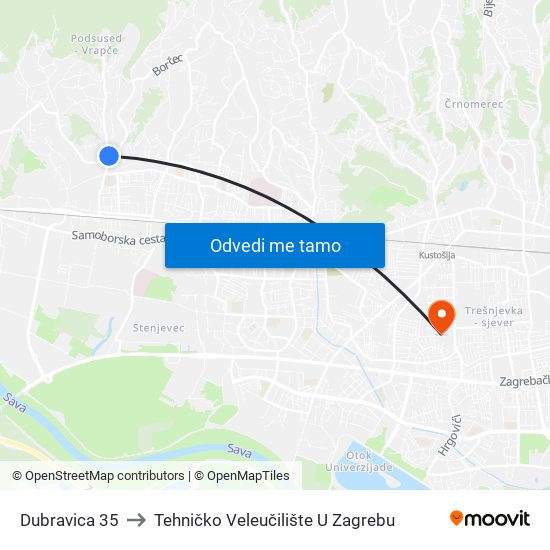 Dubravica 35 to Tehničko Veleučilište U Zagrebu map