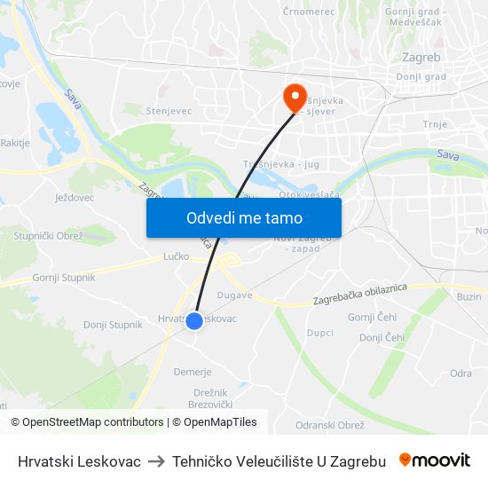 Hrvatski Leskovac to Tehničko Veleučilište U Zagrebu map