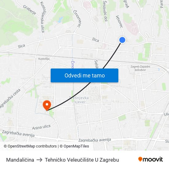 Mandaličina to Tehničko Veleučilište U Zagrebu map