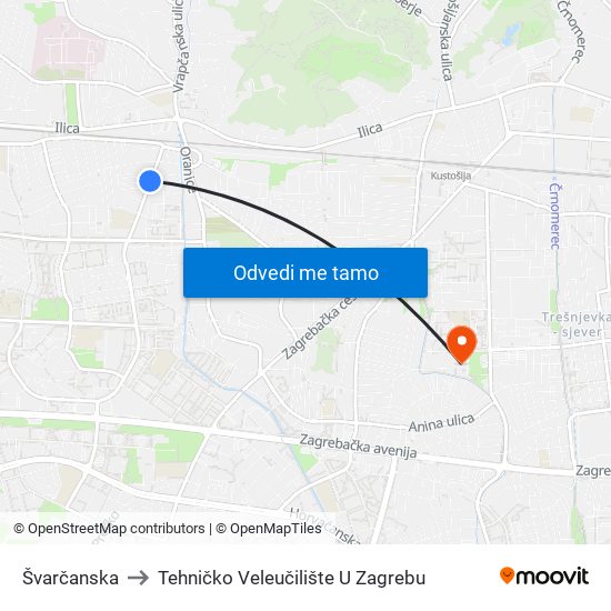 Švarčanska to Tehničko Veleučilište U Zagrebu map