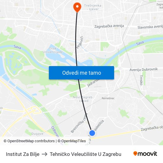 Institut Za Bilje to Tehničko Veleučilište U Zagrebu map