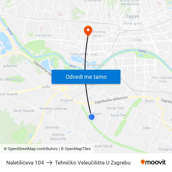 Naletilićeva 104 to Tehničko Veleučilište U Zagrebu map