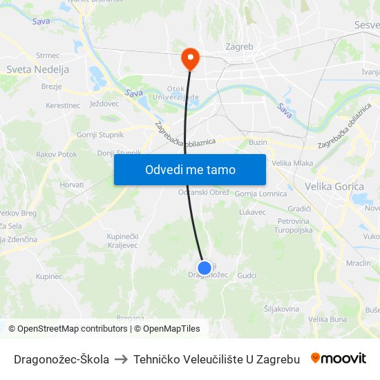 Dragonožec-Škola to Tehničko Veleučilište U Zagrebu map