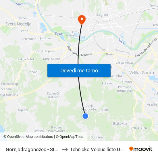 Gornjodragonožec - Stari Dom to Tehničko Veleučilište U Zagrebu map