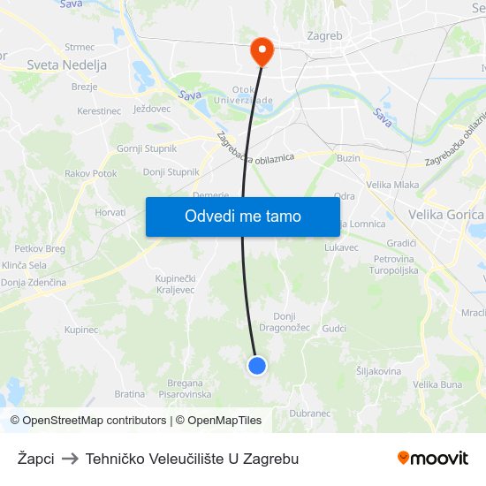 Žapci to Tehničko Veleučilište U Zagrebu map