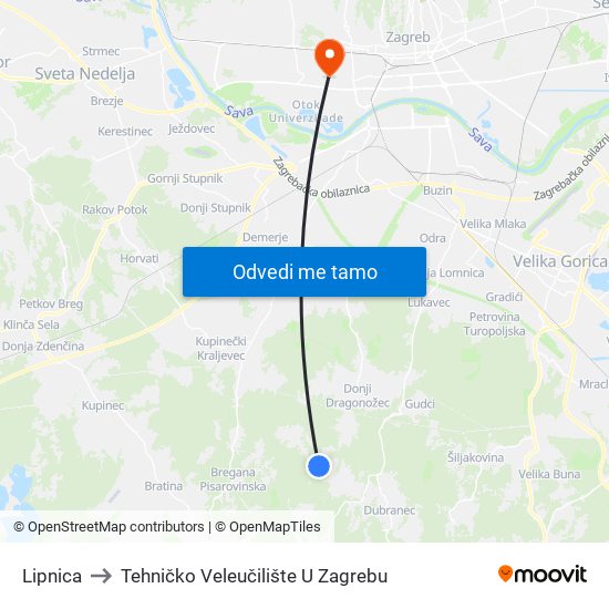 Lipnica to Tehničko Veleučilište U Zagrebu map