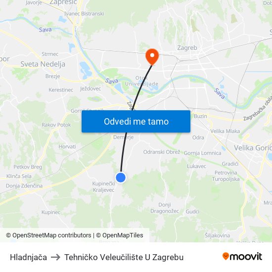 Hladnjača to Tehničko Veleučilište U Zagrebu map