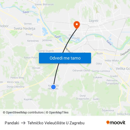 Pandaki to Tehničko Veleučilište U Zagrebu map