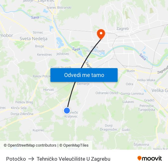 Potočko to Tehničko Veleučilište U Zagrebu map