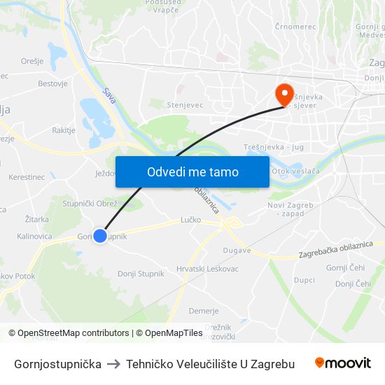 Gornjostupnička to Tehničko Veleučilište U Zagrebu map