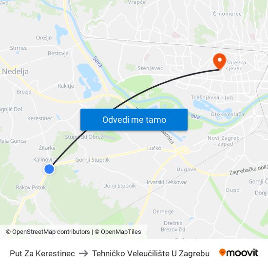 Put Za Kerestinec to Tehničko Veleučilište U Zagrebu map