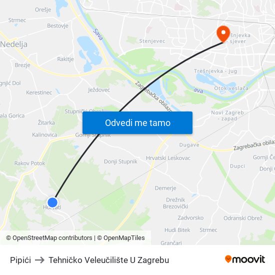 Pipići to Tehničko Veleučilište U Zagrebu map