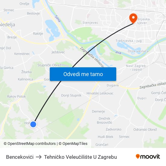 Bencekovići to Tehničko Veleučilište U Zagrebu map