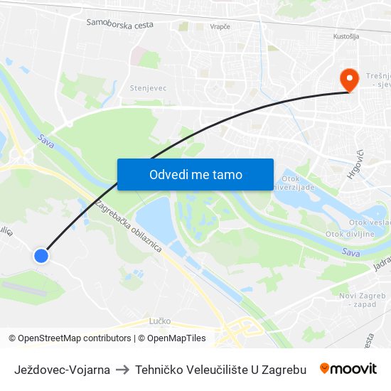 Ježdovec-Vojarna to Tehničko Veleučilište U Zagrebu map