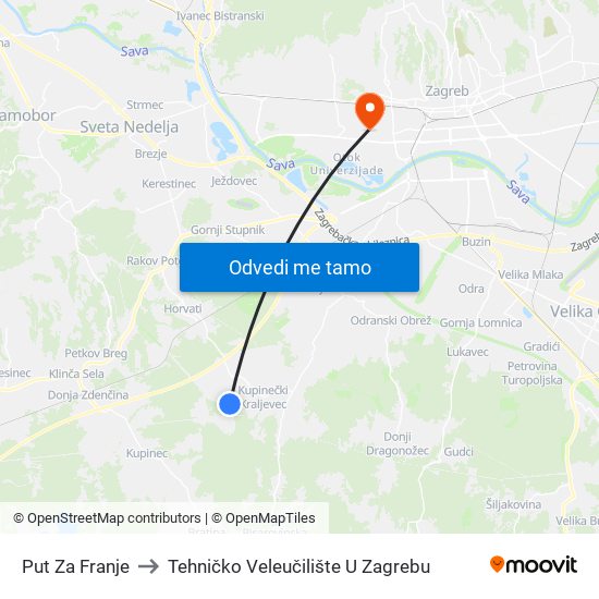 Put Za Franje to Tehničko Veleučilište U Zagrebu map