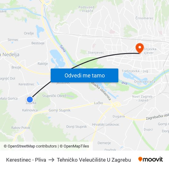 Kerestinec - Pliva to Tehničko Veleučilište U Zagrebu map