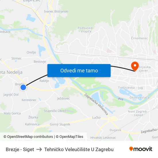 Brezje - Siget to Tehničko Veleučilište U Zagrebu map