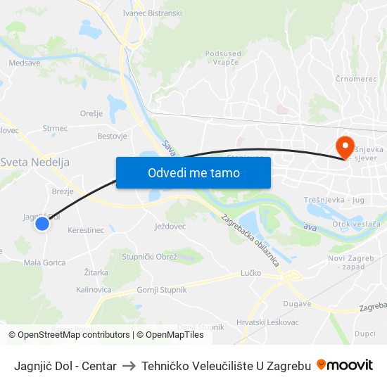 Jagnjić Dol - Centar to Tehničko Veleučilište U Zagrebu map