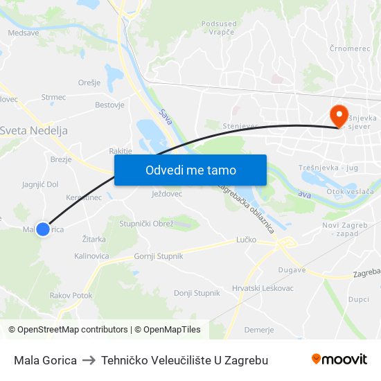 Mala Gorica to Tehničko Veleučilište U Zagrebu map