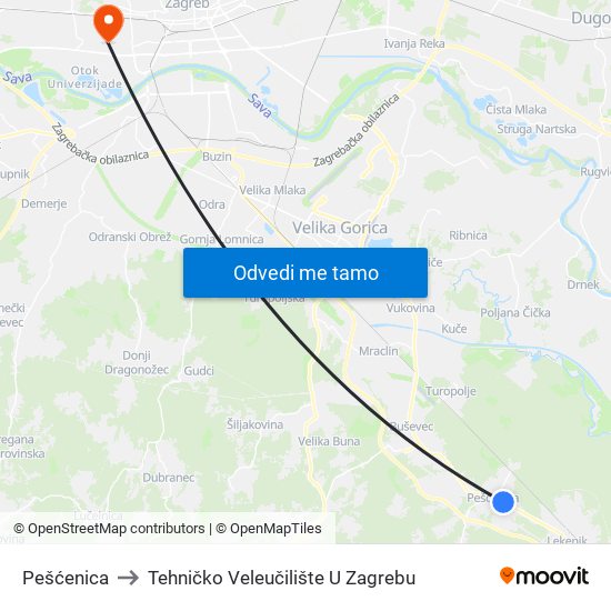 Pešćenica to Tehničko Veleučilište U Zagrebu map