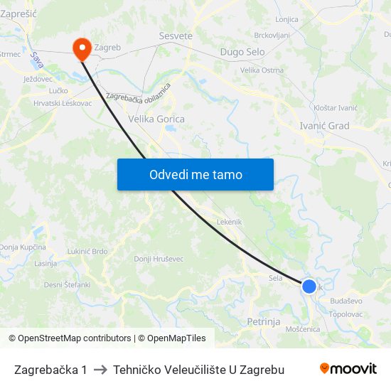 Zagrebačka 1 to Tehničko Veleučilište U Zagrebu map