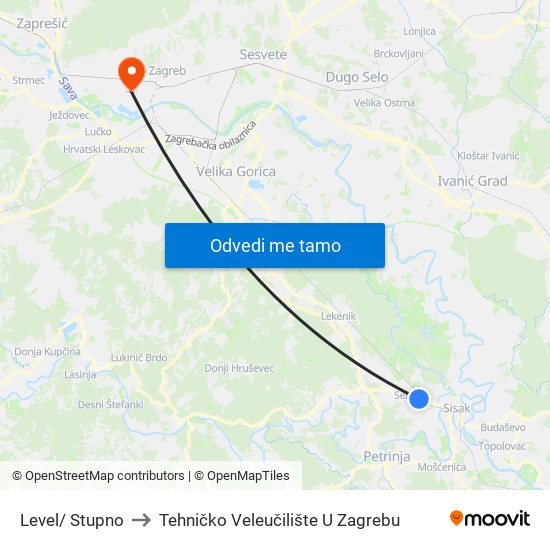 Level/ Stupno to Tehničko Veleučilište U Zagrebu map