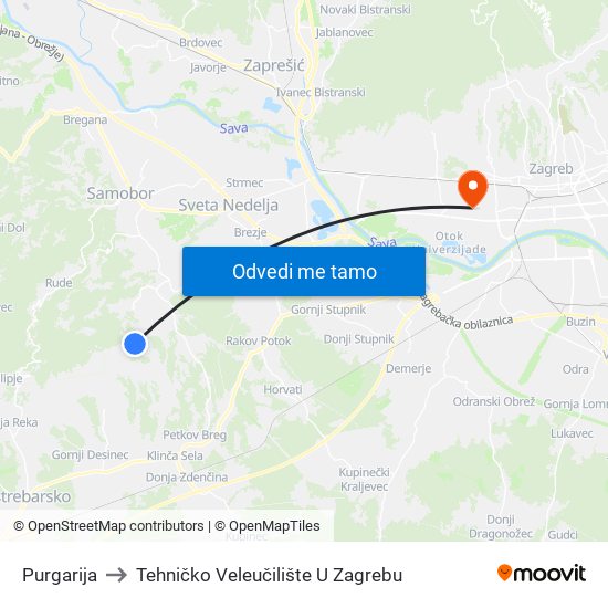 Purgarija to Tehničko Veleučilište U Zagrebu map
