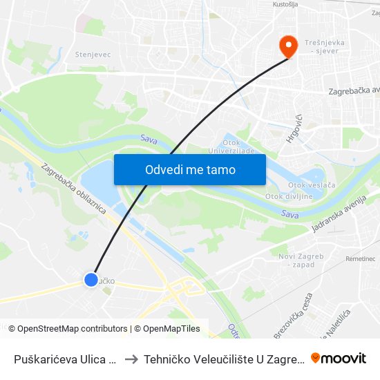 Puškarićeva Ulica 41 to Tehničko Veleučilište U Zagrebu map