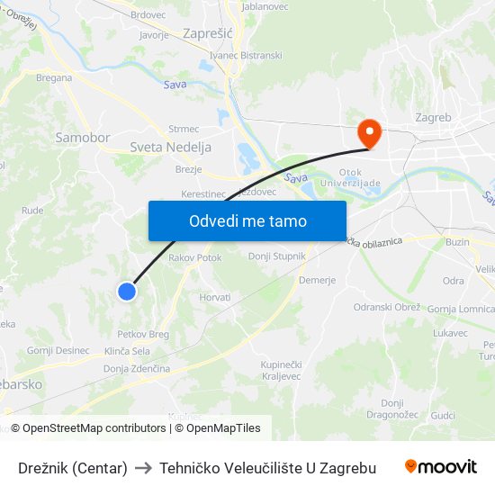 Drežnik (Centar) to Tehničko Veleučilište U Zagrebu map