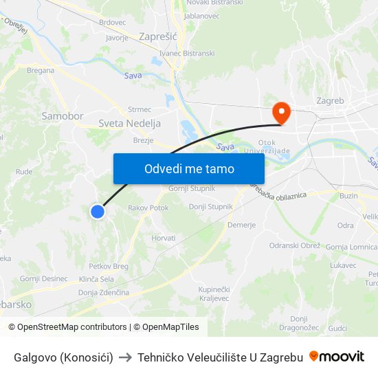 Galgovo (Konosići) to Tehničko Veleučilište U Zagrebu map