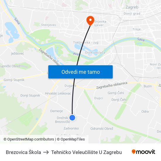 Brezovica Škola to Tehničko Veleučilište U Zagrebu map