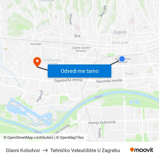 Glavni Kolodvor to Tehničko Veleučilište U Zagrebu map