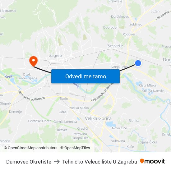 Dumovec Okretište to Tehničko Veleučilište U Zagrebu map