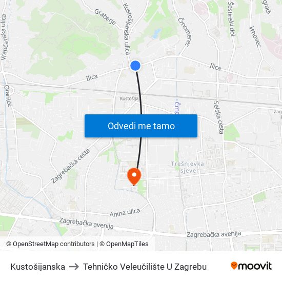 Kustošijanska to Tehničko Veleučilište U Zagrebu map