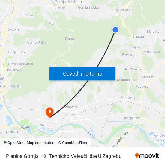 Planina Gornja to Tehničko Veleučilište U Zagrebu map