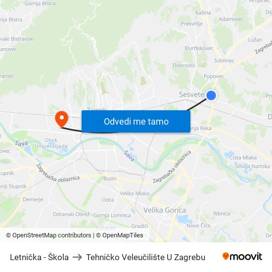 Letnička - Škola to Tehničko Veleučilište U Zagrebu map