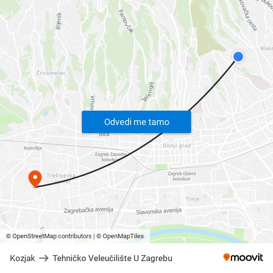 Kozjak to Tehničko Veleučilište U Zagrebu map