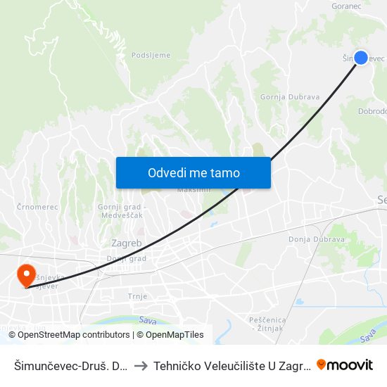 Šimunčevec-Druš. Dom to Tehničko Veleučilište U Zagrebu map