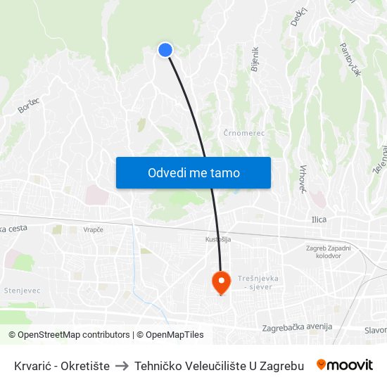 Krvarić - Okretište to Tehničko Veleučilište U Zagrebu map