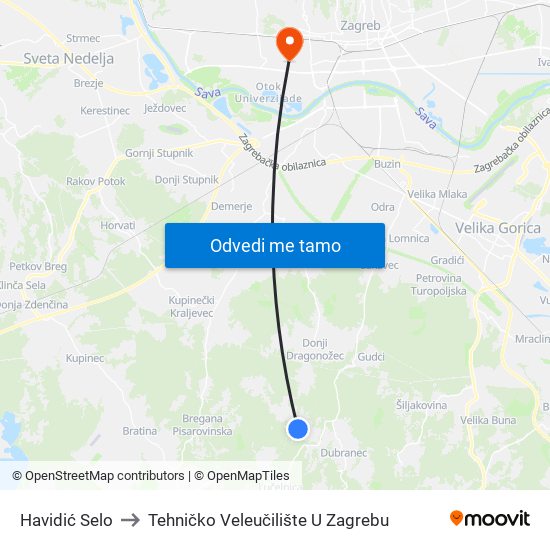 Havidić Selo to Tehničko Veleučilište U Zagrebu map