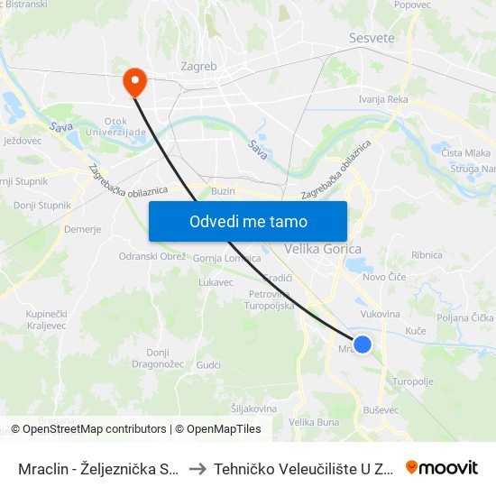 Mraclin - Željeznička Stanica to Tehničko Veleučilište U Zagrebu map