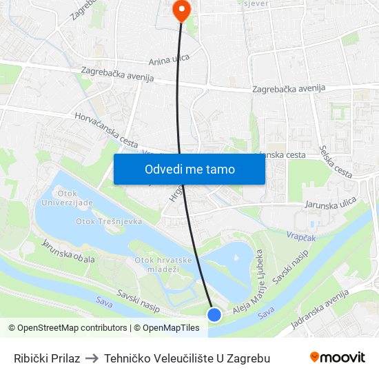 Ribički Prilaz to Tehničko Veleučilište U Zagrebu map