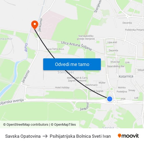 Savska Opatovina to Psihijatrijska Bolnica Sveti Ivan map