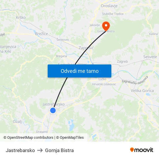 Jastrebarsko to Gornja Bistra map