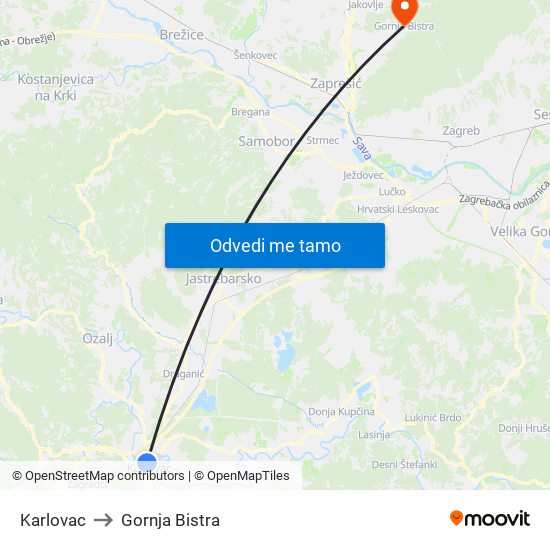 Karlovac to Gornja Bistra map